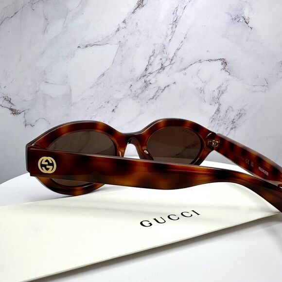 New GUCCI Sunglasses Brown Tortoise Shell Oval Gold GG Logo Womens